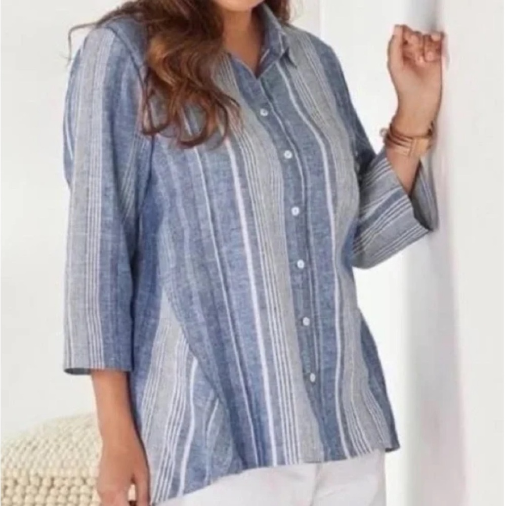 Soft Surroundings Linen Blend Blue Striped Shirt Sz 1X